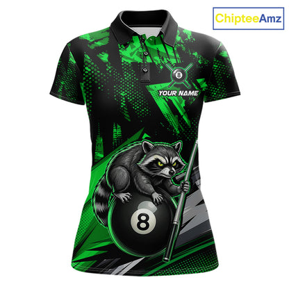 Custom Green Funny Raccoon women's billiard polo featuring woodland raccoon artwork, personalized 8 Ball tournament jersey, custom pool team apparel, cue sports league uniform, outdoor performance clothing