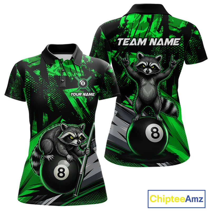 Custom Green Funny Raccoon women's billiard polo featuring woodland raccoon artwork, personalized 8 Ball tournament jersey, custom pool team apparel, cue sports league uniform, outdoor performance clothing
