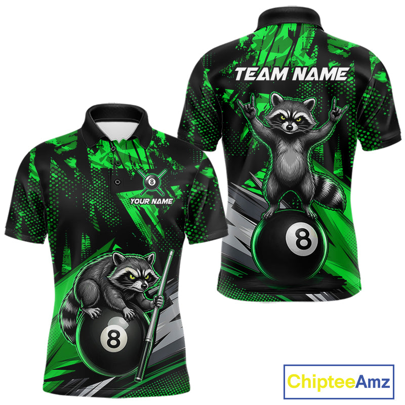Custom Green Funny Raccoon men's billiard polo with forest raccoon graphics, personalized pool tournament shirt, APA BCA cue sports apparel, custom athletic jersey, championship team clothing