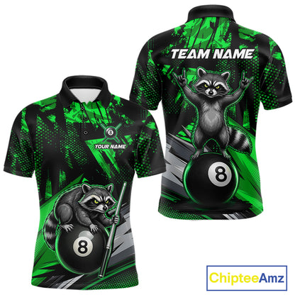 Custom Green Funny Raccoon men's billiard polo with forest raccoon graphics, personalized pool tournament shirt, APA BCA cue sports apparel, custom athletic jersey, championship team clothing