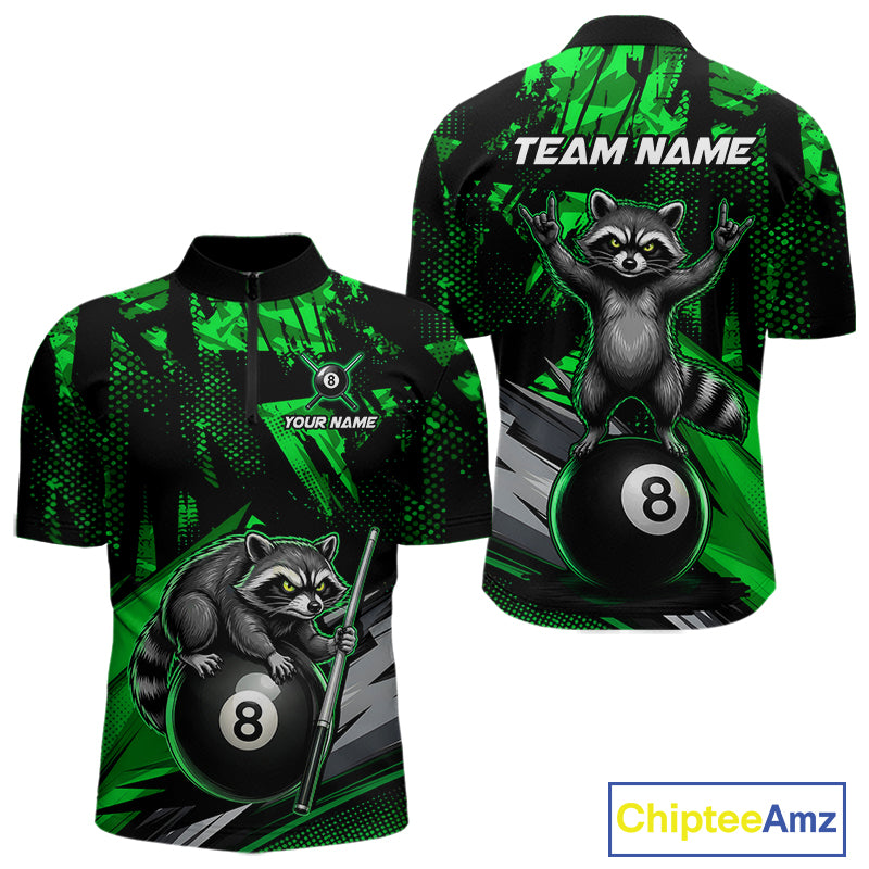 Custom Green Funny Raccoon men's quarter-zip billiard jersey featuring nature-inspired raccoon artwork, personalized cue sports apparel, pool tournament clothing, athletic performance jersey