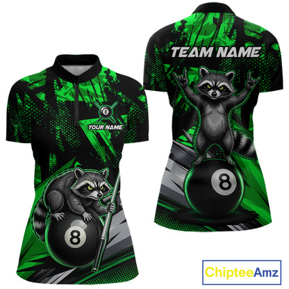 Custom Green Funny Raccoon women's quarter-zip billiard jersey featuring woodland raccoon design, personalized pool league apparel, custom cue sports tournament shirt, moisture-wicking performance uniform