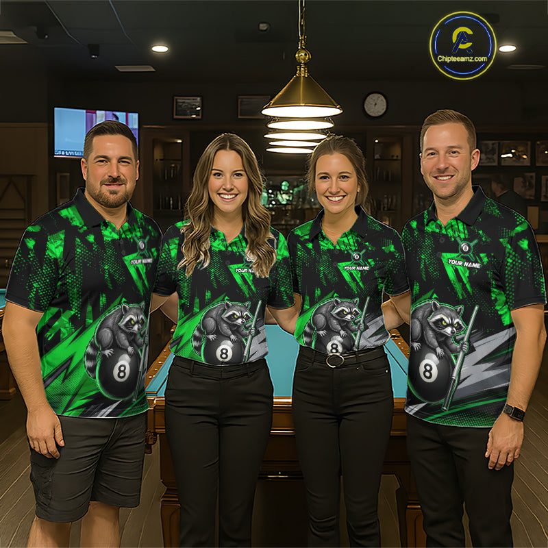 Matching Green Funny Raccoon billiard jerseys for men and women, woodland-themed pool team uniforms, family tournament apparel, outdoor lifestyle cue sports clothing, championship jerseys representing nature, teamwork, balance, growth and resilience