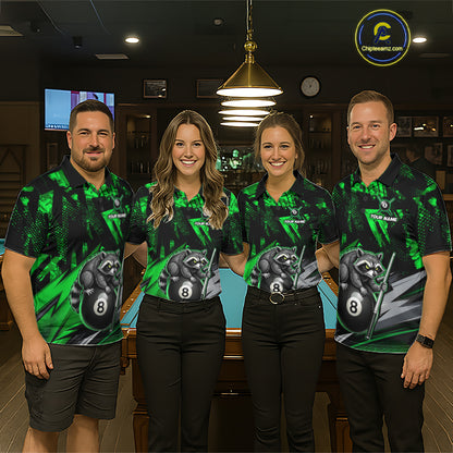 Matching Green Funny Raccoon billiard jerseys for men and women, woodland-themed pool team uniforms, family tournament apparel, outdoor lifestyle cue sports clothing, championship jerseys representing nature, teamwork, balance, growth and resilience