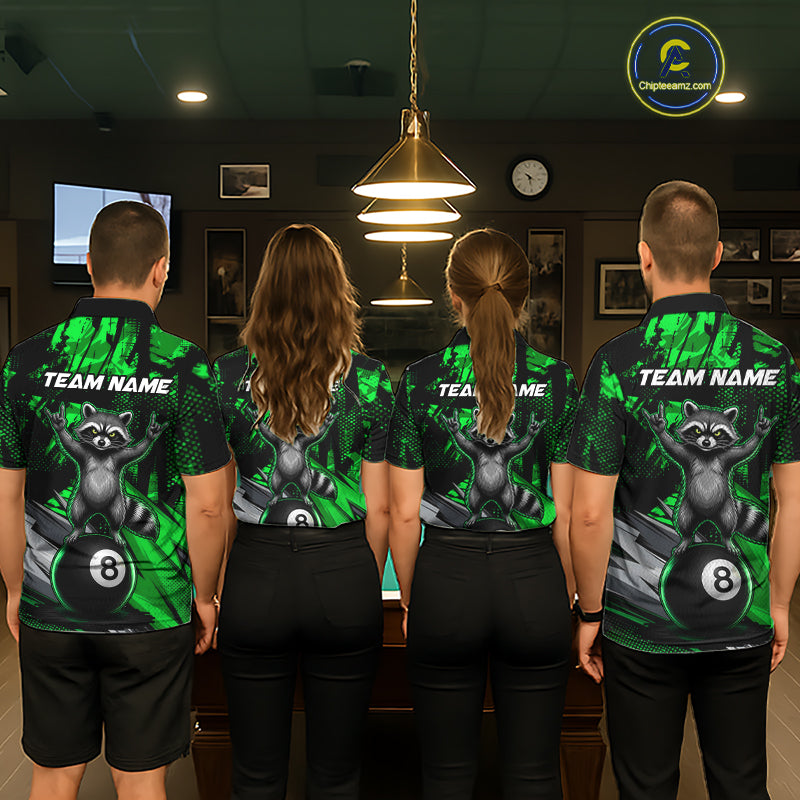 Matching Green Funny Raccoon billiard jerseys for men and women, woodland-themed pool team uniforms, family tournament apparel, outdoor lifestyle cue sports clothing, championship jerseys representing nature, teamwork, balance, growth and resilience