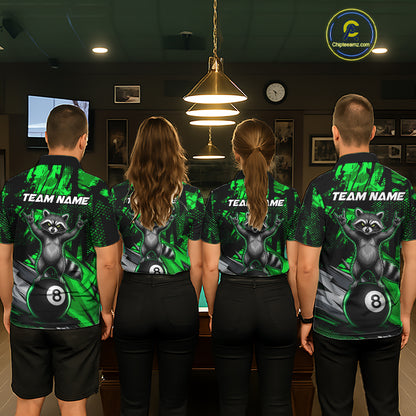 Matching Green Funny Raccoon billiard jerseys for men and women, woodland-themed pool team uniforms, family tournament apparel, outdoor lifestyle cue sports clothing, championship jerseys representing nature, teamwork, balance, growth and resilience