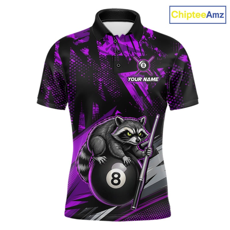Custom Purple Funny Raccoon men's billiard polo featuring energetic raccoon graphics, personalized pool tournament jersey, championship cue sports apparel, league performance shirt