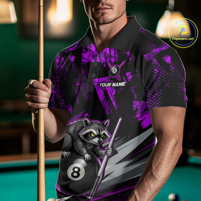 Male model wearing Purple Funny Raccoon billiard polo, custom cue sports tournament jersey, personalized championship apparel, playful mascot performance clothing