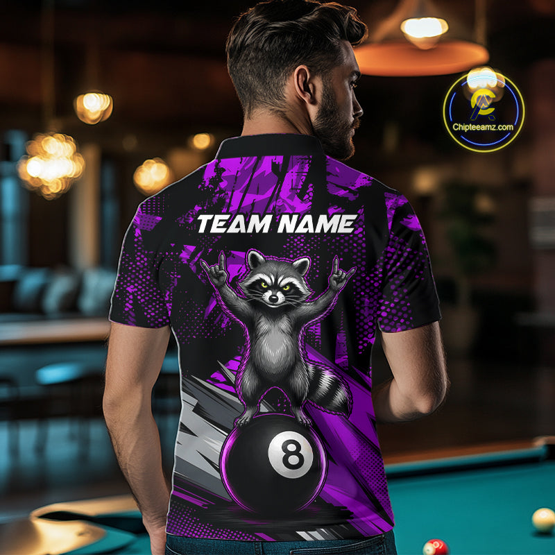 Male model wearing Purple Funny Raccoon billiard polo, custom cue sports tournament jersey, personalized championship apparel, playful mascot performance clothing