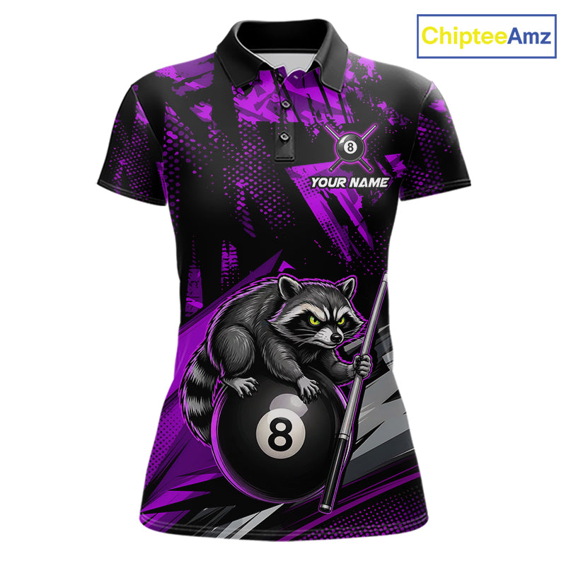 Custom Purple Funny Raccoon women's 8 Ball billiard polo featuring playful raccoon mascot and vibrant purple artwork, personalized cue sports tournament jersey, APA league performance apparel, custom athletic uniform