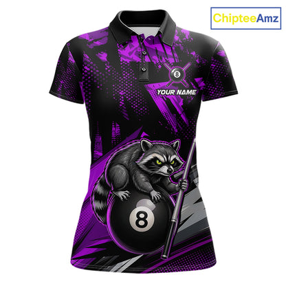 Custom Purple Funny Raccoon women's 8 Ball billiard polo featuring playful raccoon mascot and vibrant purple artwork, personalized cue sports tournament jersey, APA league performance apparel, custom athletic uniform
