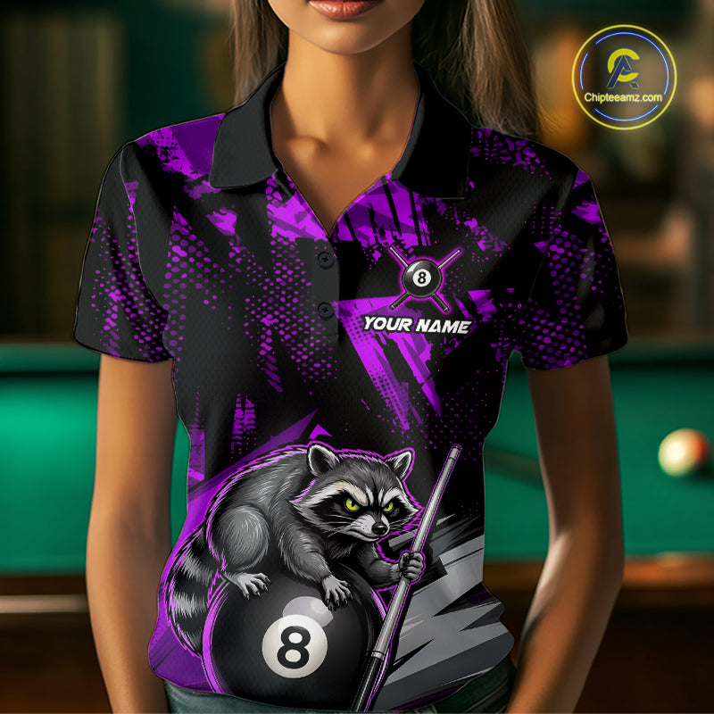 Female model wearing Purple Funny Raccoon women's pool polo, personalized APA league jersey, fun billiard tournament apparel, premium athletic sportswear