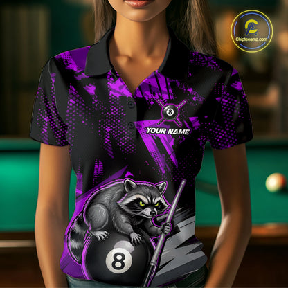 Female model wearing Purple Funny Raccoon women's pool polo, personalized APA league jersey, fun billiard tournament apparel, premium athletic sportswear