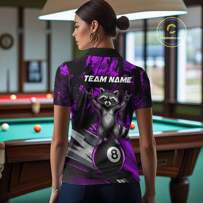 Female model wearing Purple Funny Raccoon women's pool polo, personalized APA league jersey, fun billiard tournament apparel, premium athletic sportswear