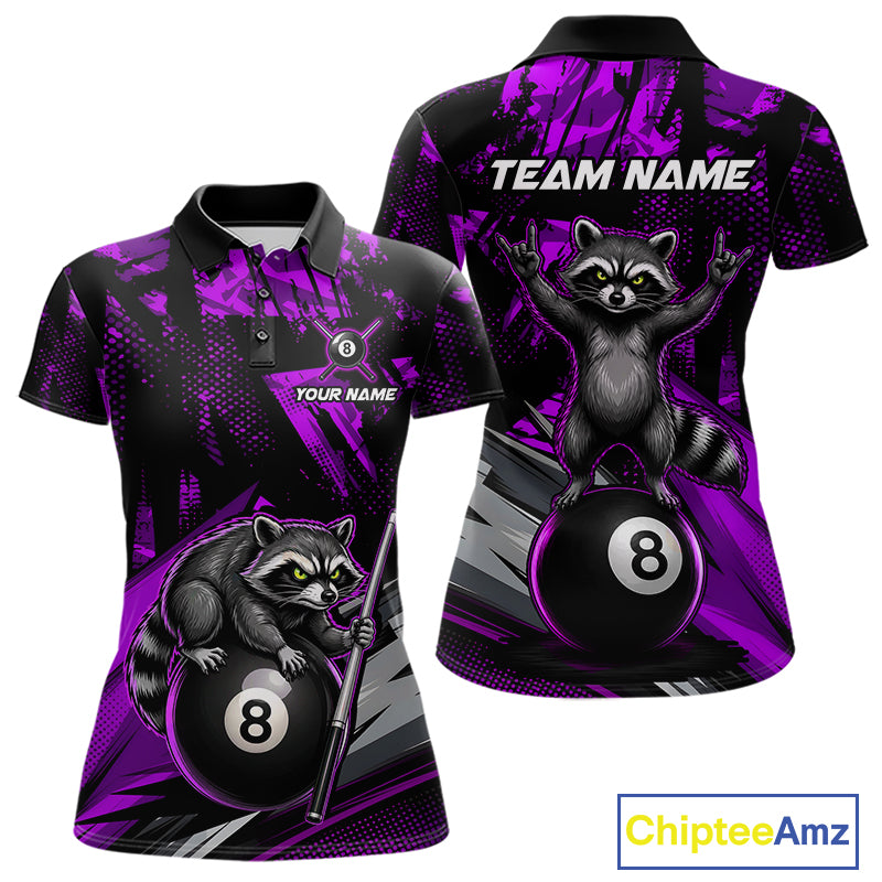 Custom Purple Funny Raccoon women's 8 Ball billiard polo featuring playful raccoon mascot and vibrant purple artwork, personalized cue sports tournament jersey, APA league performance apparel, custom athletic uniform