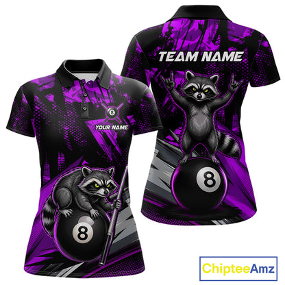 Custom Purple Funny Raccoon women's 8 Ball billiard polo featuring playful raccoon mascot and vibrant purple artwork, personalized cue sports tournament jersey, APA league performance apparel, custom athletic uniform