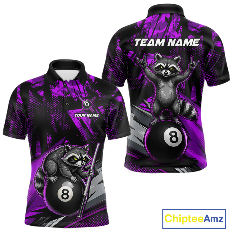 Custom Purple Funny Raccoon men's billiard polo featuring energetic raccoon graphics, personalized pool tournament jersey, championship cue sports apparel, league performance shirt
