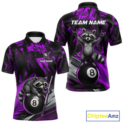 Custom Purple Funny Raccoon men's billiard polo featuring energetic raccoon graphics, personalized pool tournament jersey, championship cue sports apparel, league performance shirt