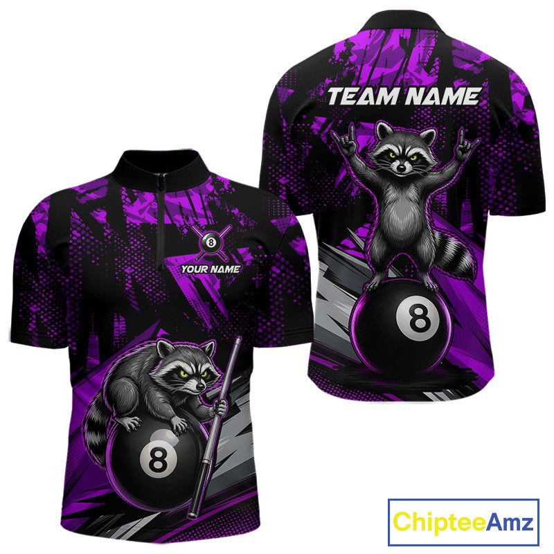 Custom Purple Funny Raccoon men's quarter-zip billiard jersey with vibrant mascot graphics, personalized pool team shirt, cue sports tournament apparel, athletic competition clothing