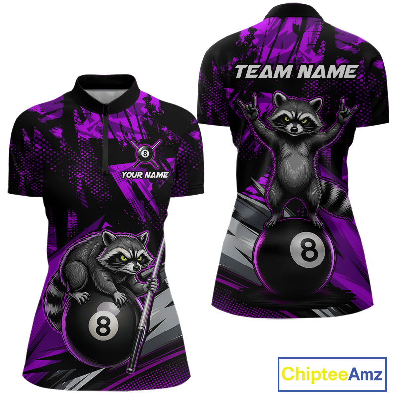 Custom Purple Funny Raccoon women's quarter-zip billiard jersey featuring purple raccoon artwork, personalized 8 Ball tournament apparel, cue sports league clothing, custom championship performance jersey