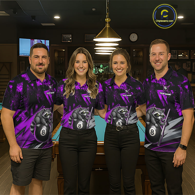 Matching Purple Funny Raccoon billiard jerseys for men and women, mascot-inspired pool tournament uniforms, family cue sports apparel, championship team clothing, symbols of creativity, confidence, imagination, positivity and team unity