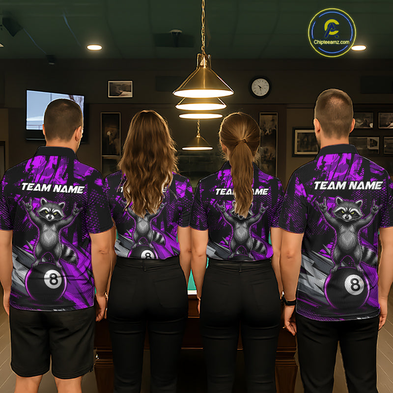 Matching Purple Funny Raccoon billiard jerseys for men and women, mascot-inspired pool tournament uniforms, family cue sports apparel, championship team clothing, symbols of creativity, confidence, imagination, positivity and team unity