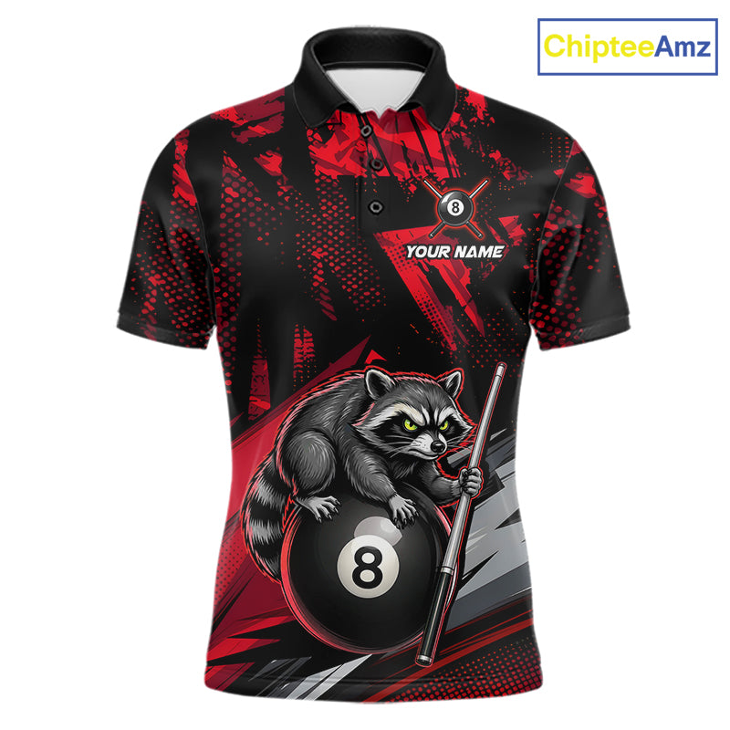 
Custom Red Funny Raccoon men's billiard polo featuring bold raccoon mascot, personalized cue sports tournament shirt, championship pool team jersey, athletic performance apparel