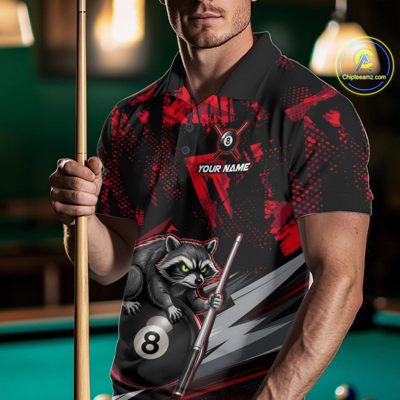 Male model wearing Red Funny Raccoon billiard polo, personalized championship cue sports jersey, custom APA tournament apparel, energetic mascot athletic clothing
