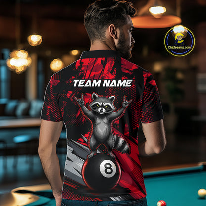 Male model wearing Red Funny Raccoon billiard polo, personalized championship cue sports jersey, custom APA tournament apparel, energetic mascot athletic clothing