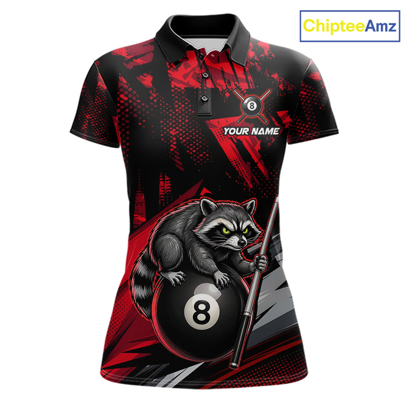 Custom Red Funny Raccoon women's billiard polo featuring vibrant raccoon artwork, personalized 8 Ball tournament jersey, APA pool league apparel, cue sports performance clothing, custom championship team uniform