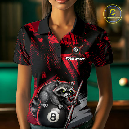 Female model wearing Red Funny Raccoon women's billiard polo, personalized tournament jersey, cue sports league apparel, championship athletic performance wear