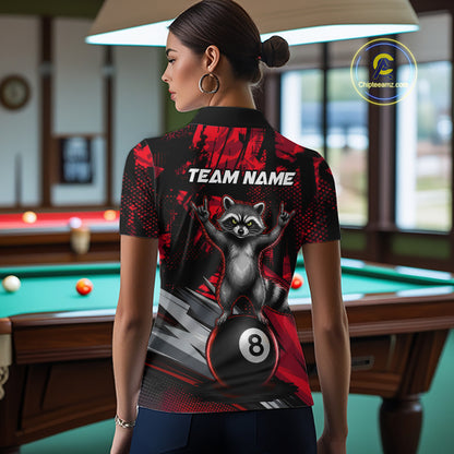 Female model wearing Red Funny Raccoon women's billiard polo, personalized tournament jersey, cue sports league apparel, championship athletic performance wear