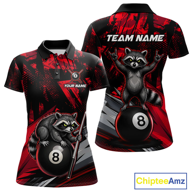 Custom Red Funny Raccoon women's billiard polo featuring vibrant raccoon artwork, personalized 8 Ball tournament jersey, APA pool league apparel, cue sports performance clothing, custom championship team uniform