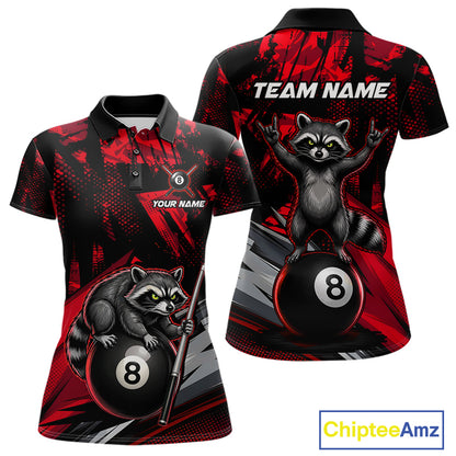 Custom Red Funny Raccoon women's billiard polo featuring vibrant raccoon artwork, personalized 8 Ball tournament jersey, APA pool league apparel, cue sports performance clothing, custom championship team uniform