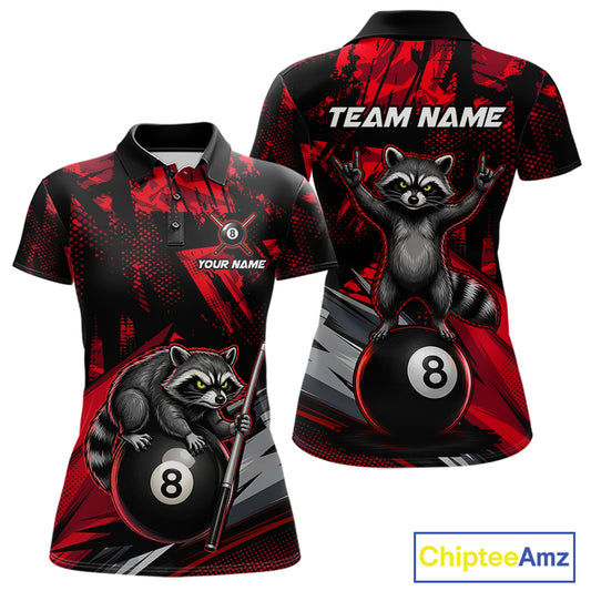 Custom Red Funny Raccoon women's billiard polo featuring vibrant raccoon artwork, personalized 8 Ball tournament jersey, pool league apparel, cue sports performance clothing, custom championship team uniform