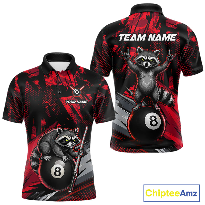 Custom Red Funny Raccoon men's billiard polo featuring bold raccoon mascot, personalized cue sports tournament shirt, championship pool team jersey, athletic performance apparel
