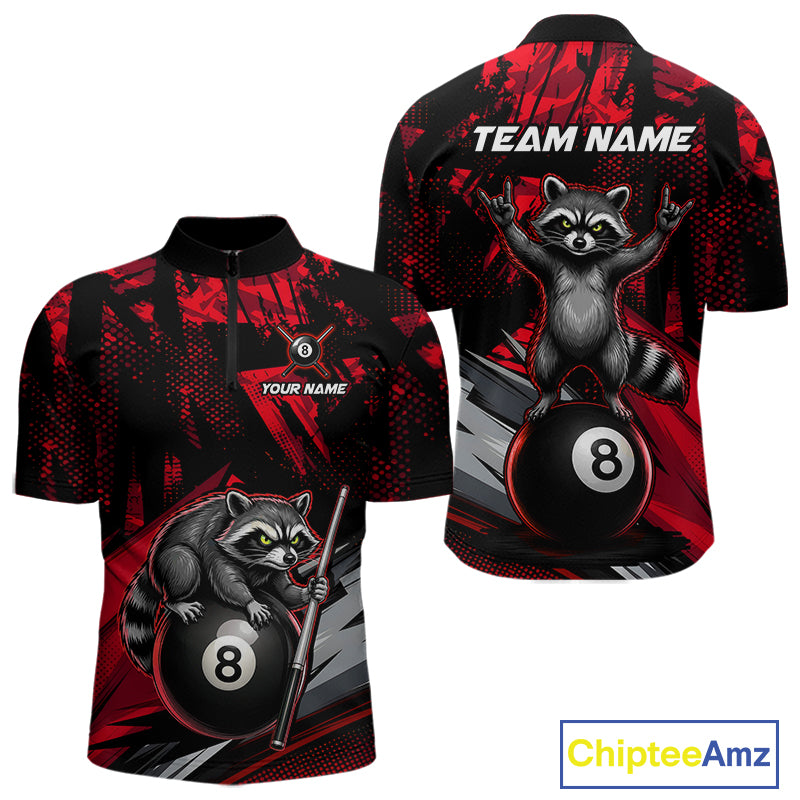 Custom Red Funny Raccoon men's quarter-zip billiard jersey with vibrant raccoon artwork, personalized 8 Ball tournament apparel, custom pool league performance shirt