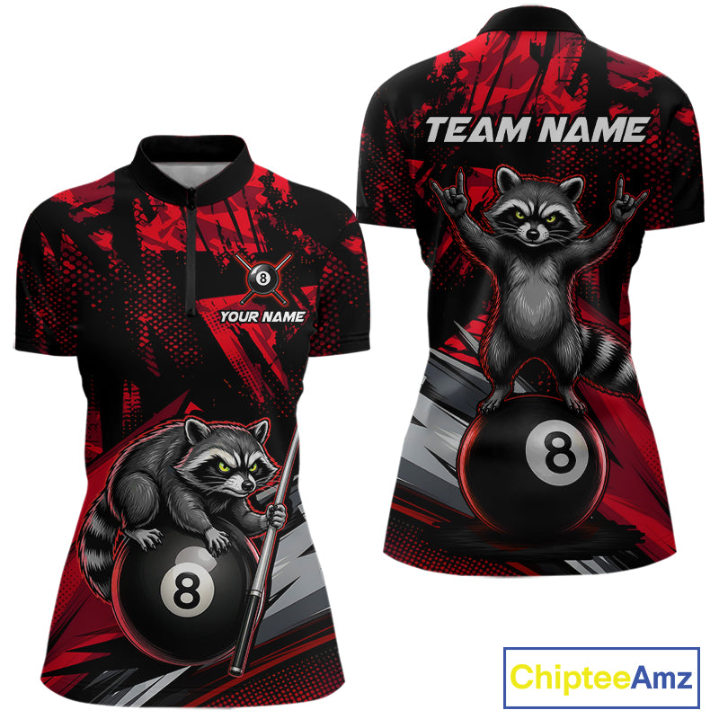 Custom Red Funny Raccoon women's quarter-zip billiard jersey featuring red mascot graphics, personalized APA league apparel, custom cue sports performance clothing, tournament sportswear