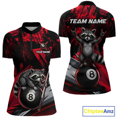 Custom Red Funny Raccoon women's quarter-zip billiard jersey featuring red mascot graphics, personalized APA league apparel, custom cue sports performance clothing, tournament sportswear