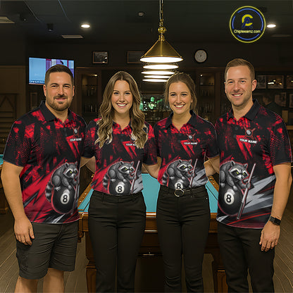 Matching Red Funny Raccoon billiard jerseys for men and women, custom family tournament uniforms, APA league apparel, fun mascot cue sports clothing, championship team jerseys symbolizing passion, courage, determination, energy and victory