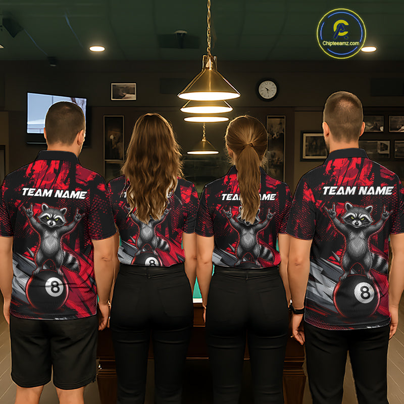 Matching Red Funny Raccoon billiard jerseys for men and women, custom family tournament uniforms, APA league apparel, fun mascot cue sports clothing, championship team jerseys symbolizing passion, courage, determination, energy and victory