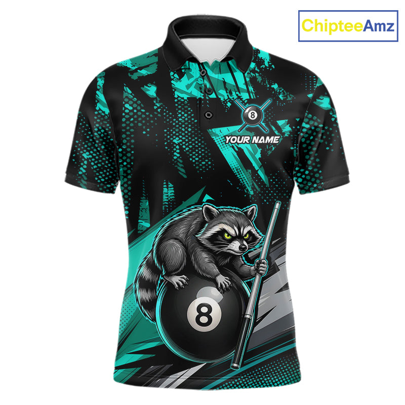 Custom Turquoise Funny Raccoon men's billiard polo featuring colorful raccoon graphics, personalized cue sports tournament shirt, custom pool league jersey, performance sportswear