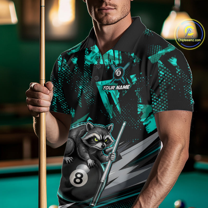 Male model wearing Turquoise Funny Raccoon billiard polo, personalized cue sports championship jersey, APA tournament apparel, breathable athletic clothing, custom team uniform