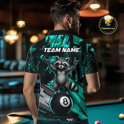 Male model wearing Turquoise Funny Raccoon billiard polo, personalized cue sports championship jersey, APA tournament apparel, breathable athletic clothing, custom team uniform