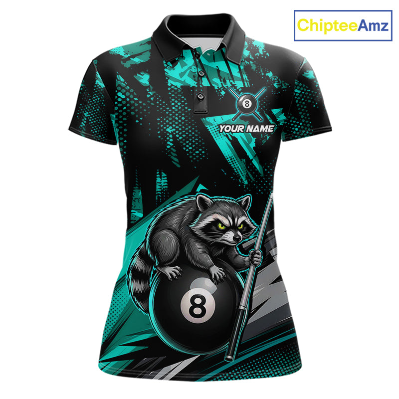 Custom Turquoise Funny Raccoon women's billiard polo featuring turquoise raccoon mascot artwork, personalized pool tournament jersey, cue sports league apparel, APA performance uniform, championship athletic clothing