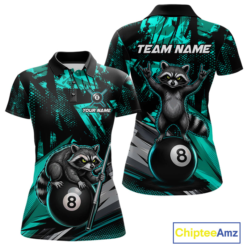 Custom Turquoise Funny Raccoon women's billiard polo featuring turquoise raccoon mascot artwork, personalized pool tournament jersey, cue sports league apparel, APA performance uniform, championship athletic clothing