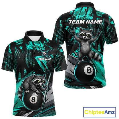 Custom Turquoise Funny Raccoon men's billiard polo featuring colorful raccoon graphics, personalized cue sports tournament shirt, custom pool league jersey, performance sportswear