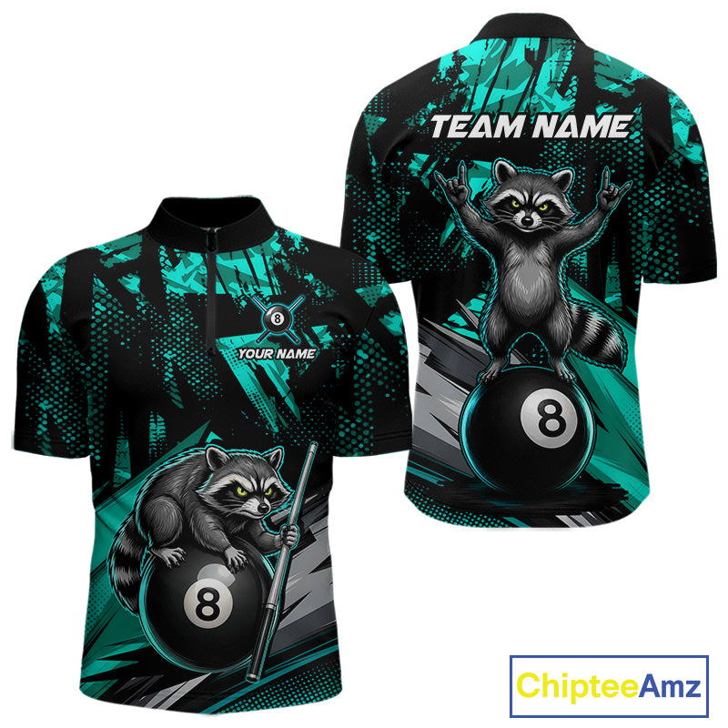 Custom Turquoise Funny Raccoon men's quarter-zip billiard jersey featuring turquoise mascot graphics, personalized pool tournament apparel, custom cue sports league uniform