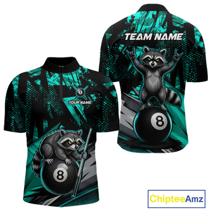 Custom Turquoise Funny Raccoon men's quarter-zip billiard jersey featuring turquoise mascot graphics, personalized pool tournament apparel, custom cue sports league uniform