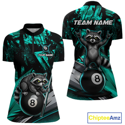Custom Turquoise Funny Raccoon women's quarter-zip billiard jersey featuring refreshing raccoon artwork, personalized APA tournament apparel, cue sports championship clothing, lightweight athletic jersey